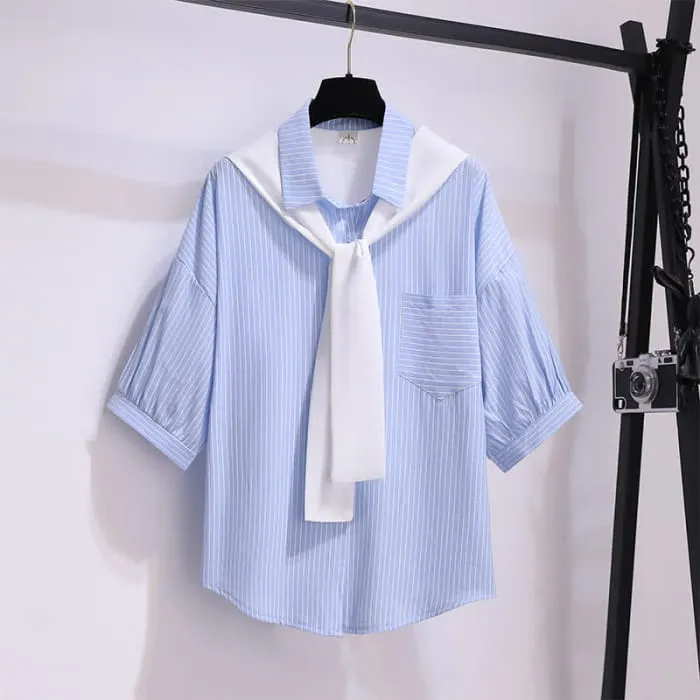 Chic Stripe Pocket Lapel T-Shirt Ripped Denim Shorts