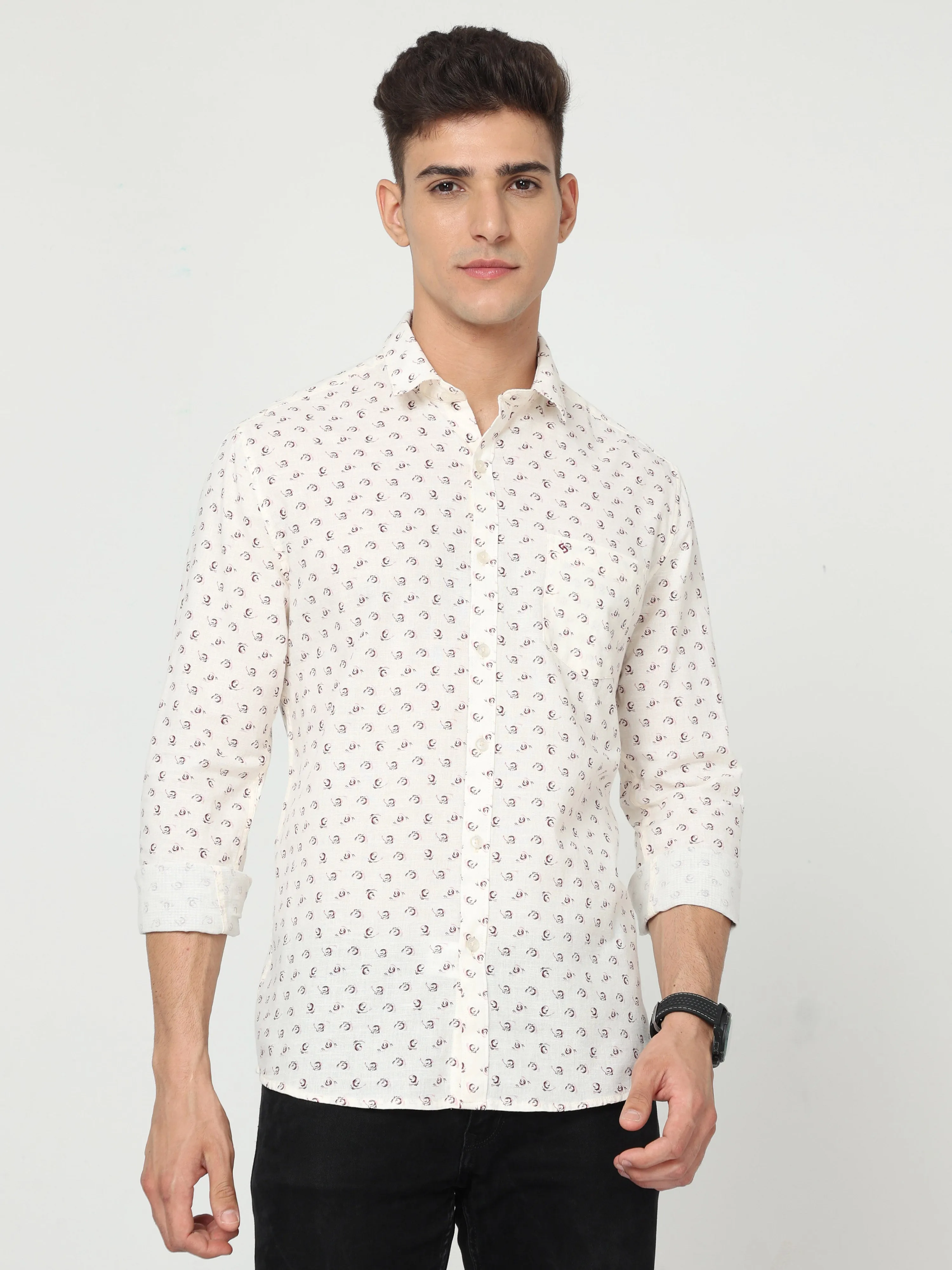 Classic Polo Mens Cotton Full Sleeve Printed Slim Fit Polo Neck Cream Color Woven Shirt | SO1-14 B-FS-PRT