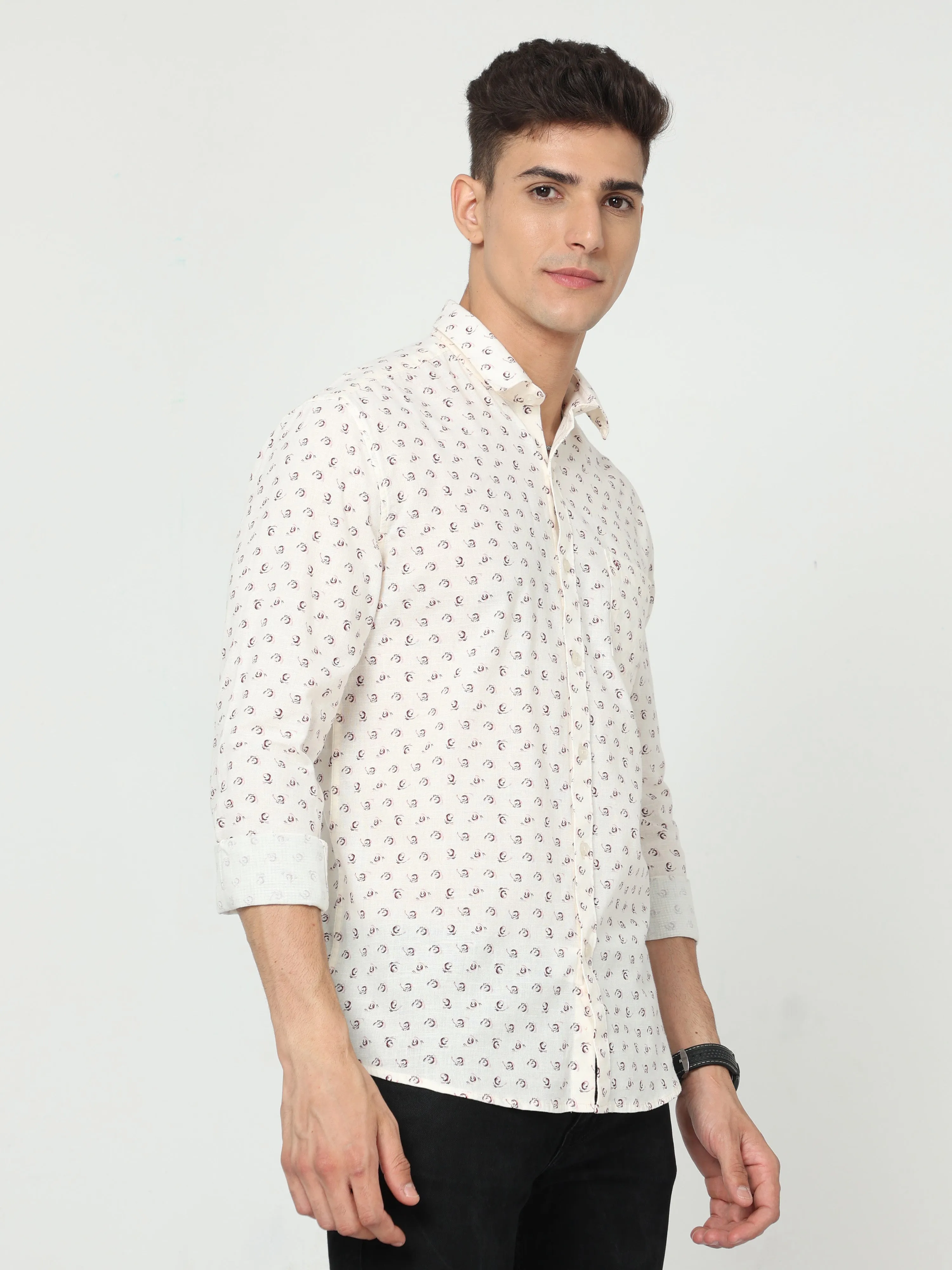 Classic Polo Mens Cotton Full Sleeve Printed Slim Fit Polo Neck Cream Color Woven Shirt | SO1-14 B-FS-PRT