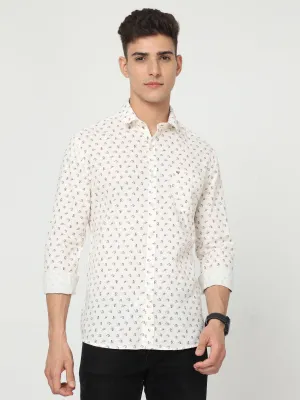 Classic Polo Mens Cotton Full Sleeve Printed Slim Fit Polo Neck Cream Color Woven Shirt | SO1-14 B-FS-PRT