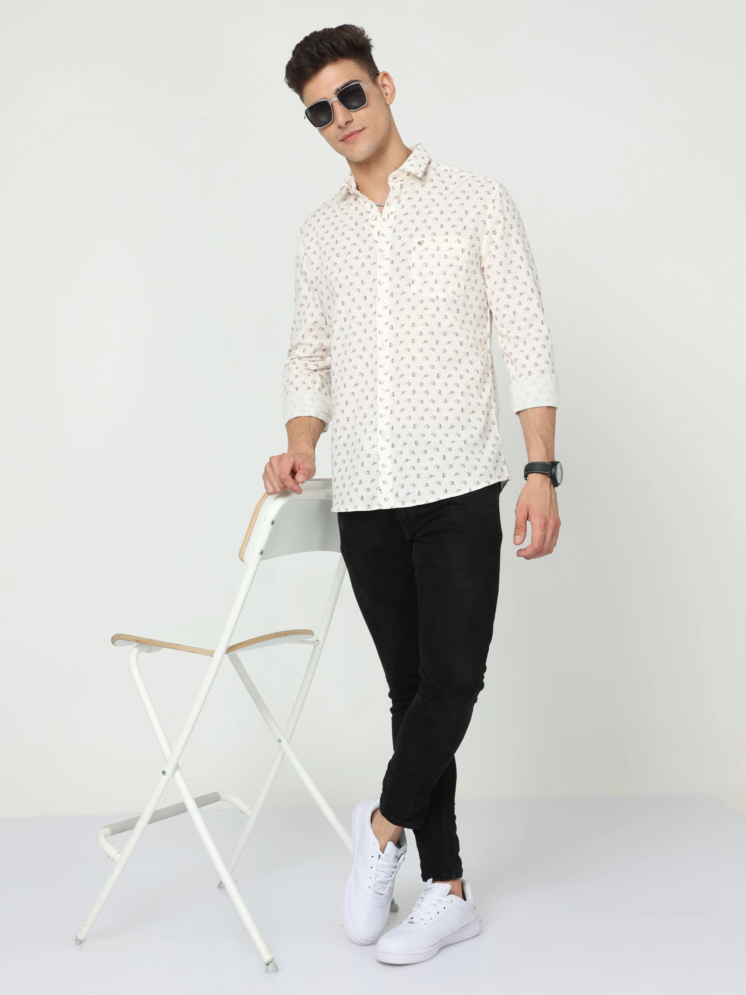 Classic Polo Mens Cotton Full Sleeve Printed Slim Fit Polo Neck Cream Color Woven Shirt | SO1-14 B-FS-PRT