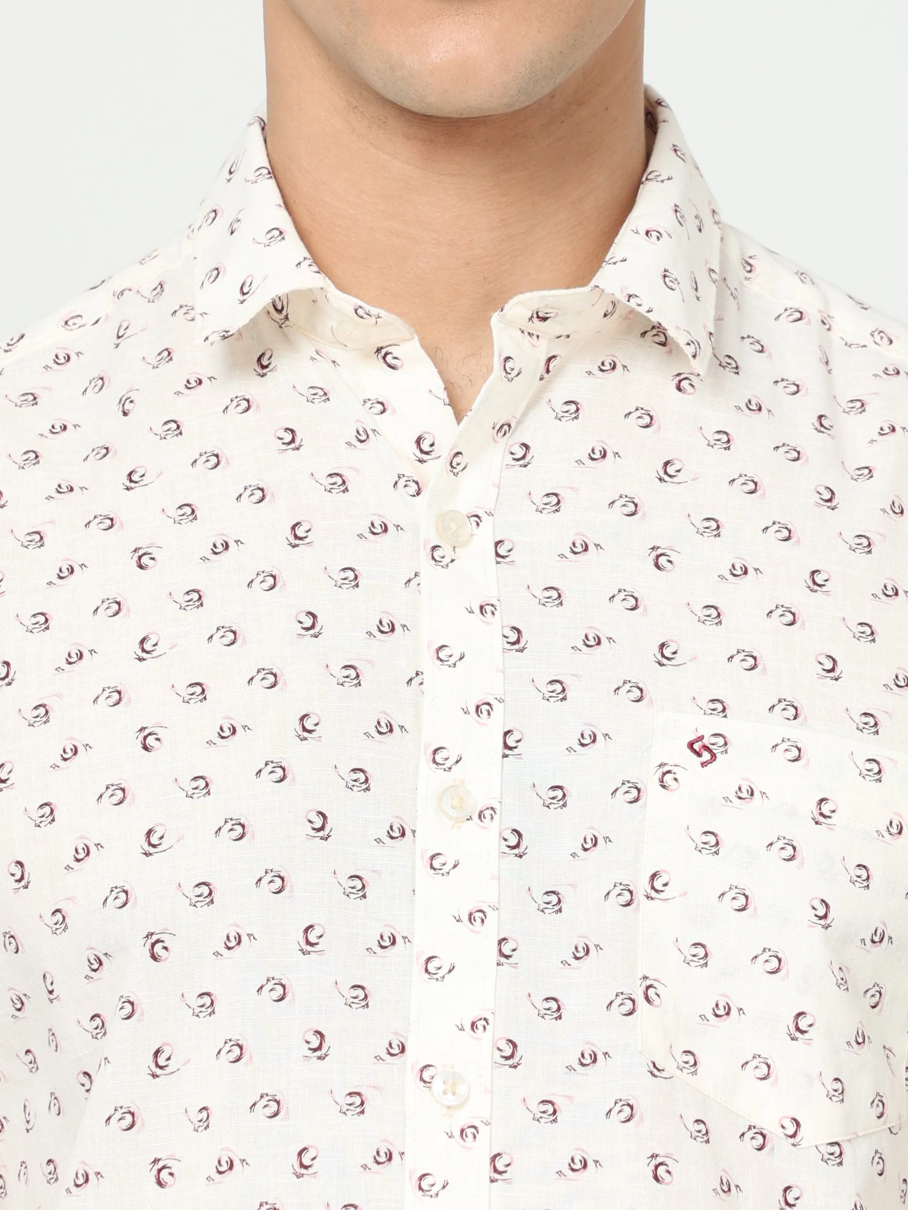 Classic Polo Mens Cotton Full Sleeve Printed Slim Fit Polo Neck Cream Color Woven Shirt | SO1-14 B-FS-PRT