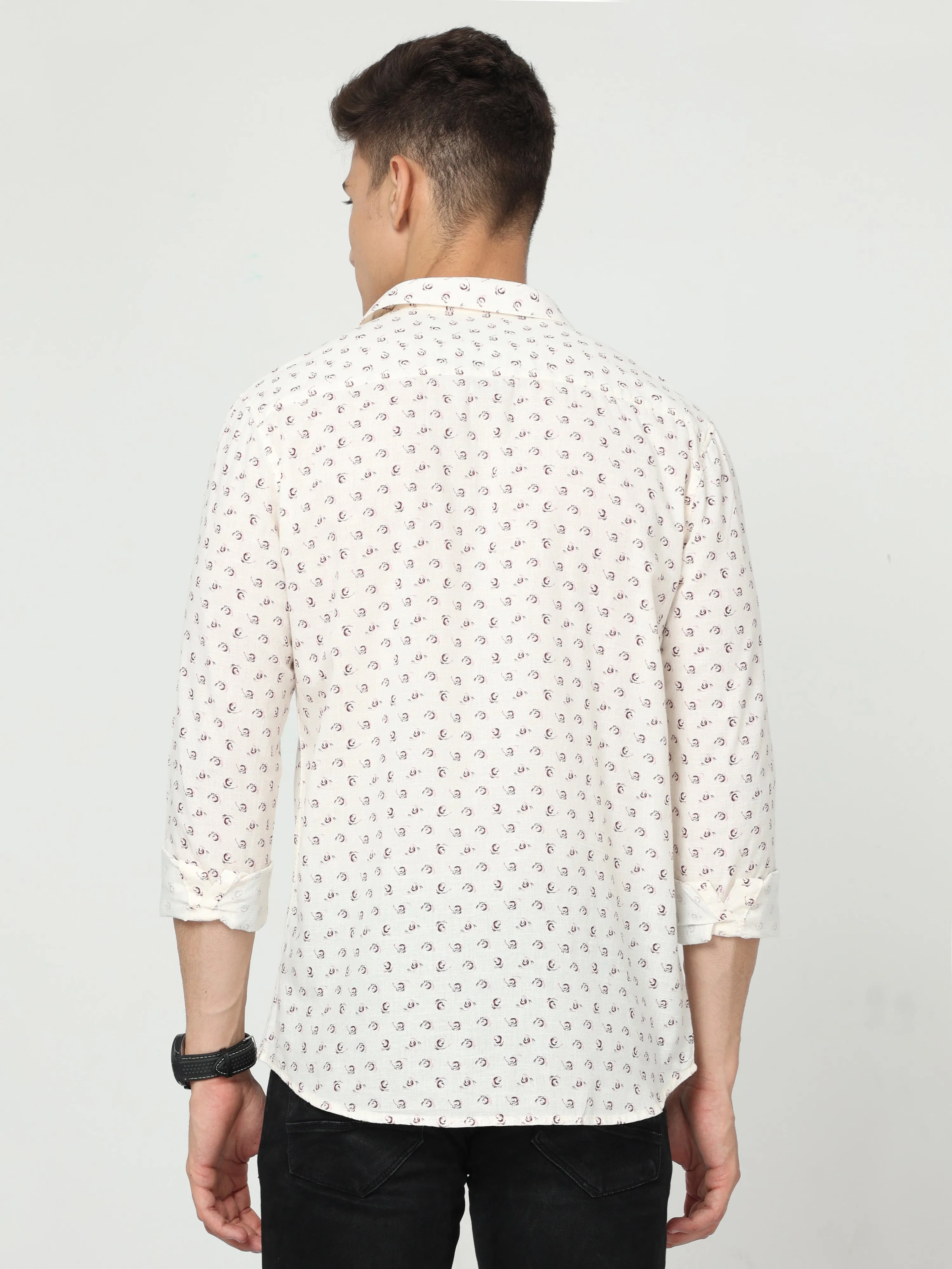Classic Polo Mens Cotton Full Sleeve Printed Slim Fit Polo Neck Cream Color Woven Shirt | SO1-14 B-FS-PRT