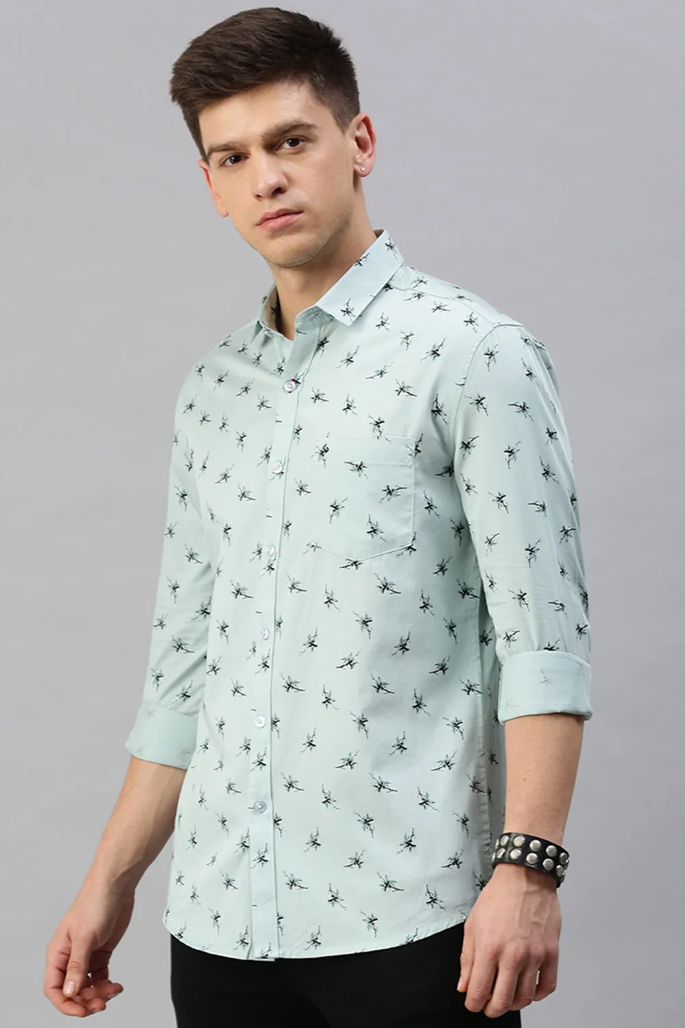 Classic Polo Men's Cotton Full Sleeve Printed Slim Fit Polo Neck Light Blue Color Woven Shirt | So1-13 B
