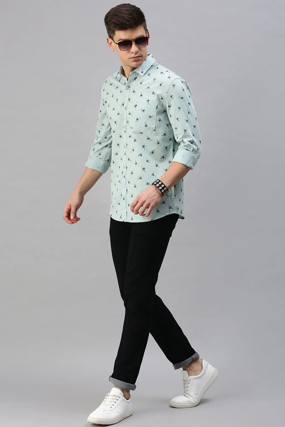 Classic Polo Men's Cotton Full Sleeve Printed Slim Fit Polo Neck Light Blue Color Woven Shirt | So1-13 B