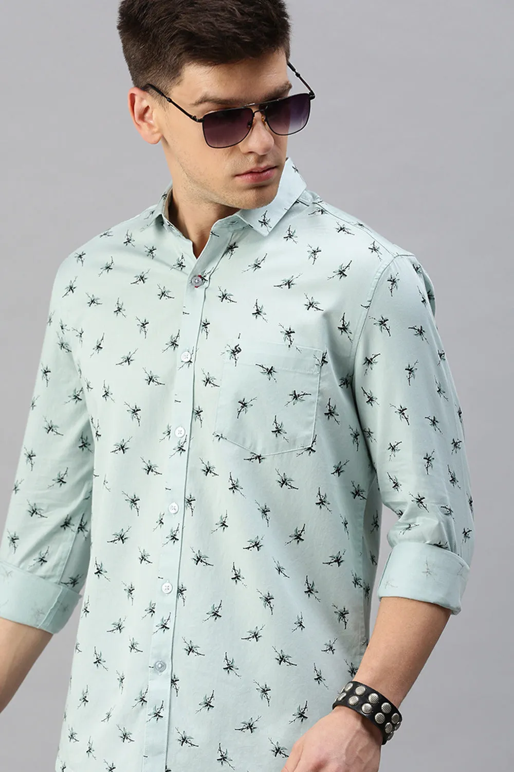 Classic Polo Men's Cotton Full Sleeve Printed Slim Fit Polo Neck Light Blue Color Woven Shirt | So1-13 B