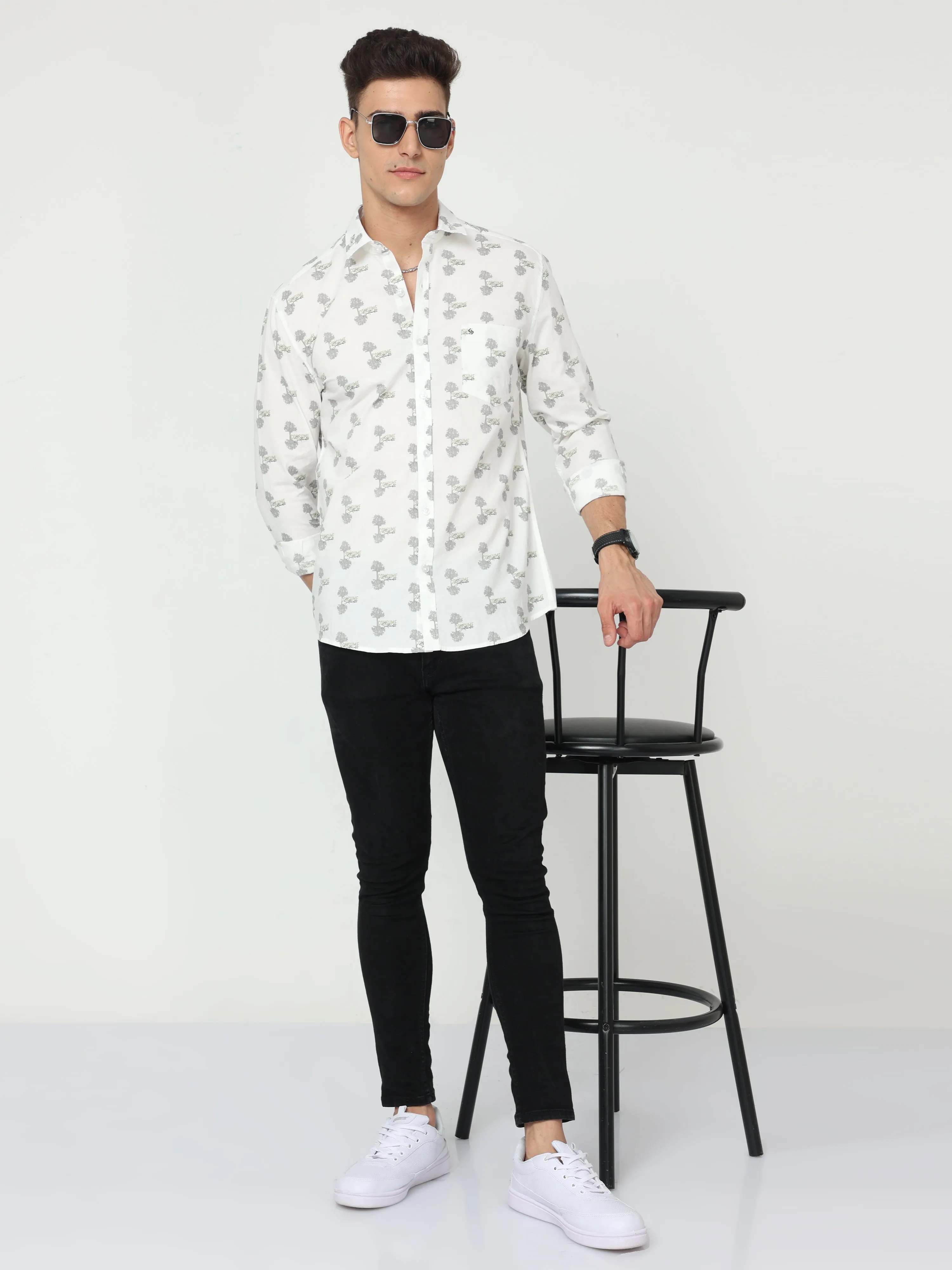 Classic Polo Men's Cotton Full Sleeve Printed Slim Fit Polo Neck White Color Woven Shirt | So1-146 A