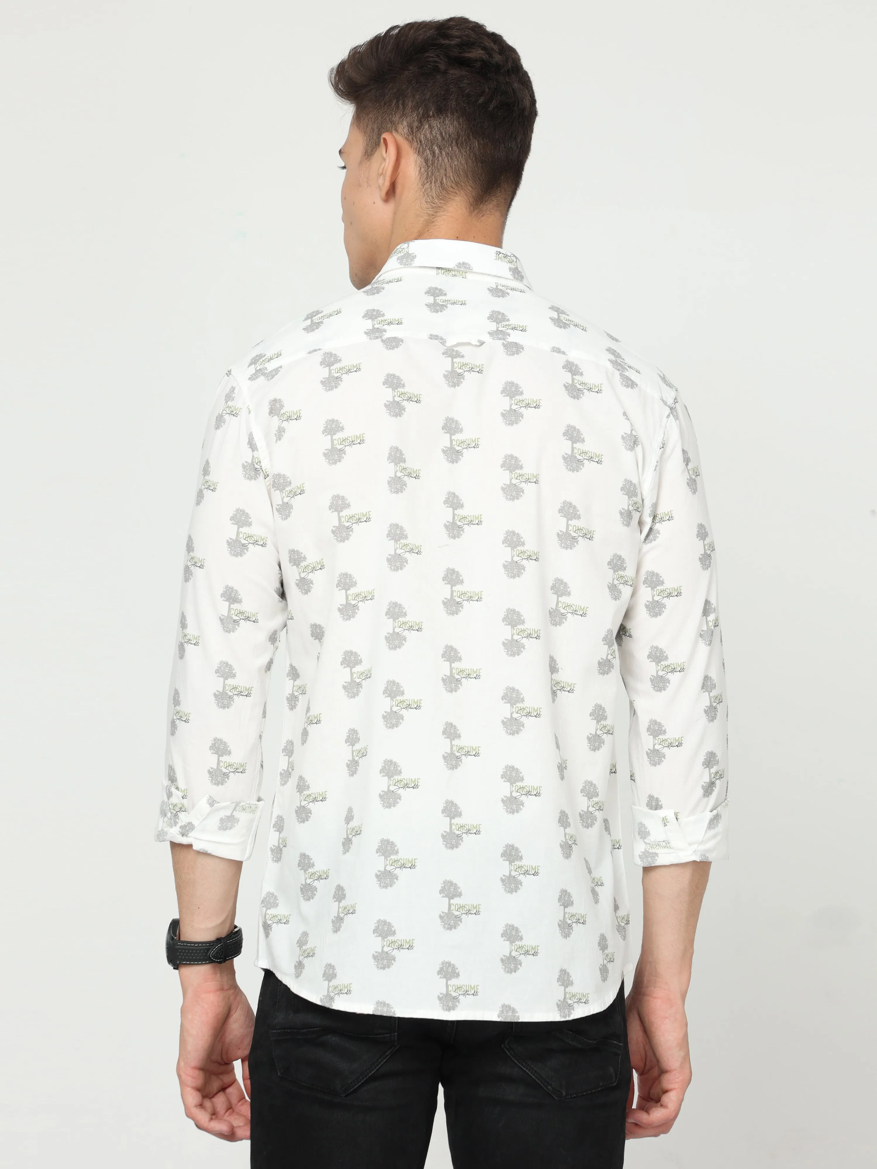 Classic Polo Men's Cotton Full Sleeve Printed Slim Fit Polo Neck White Color Woven Shirt | So1-146 A