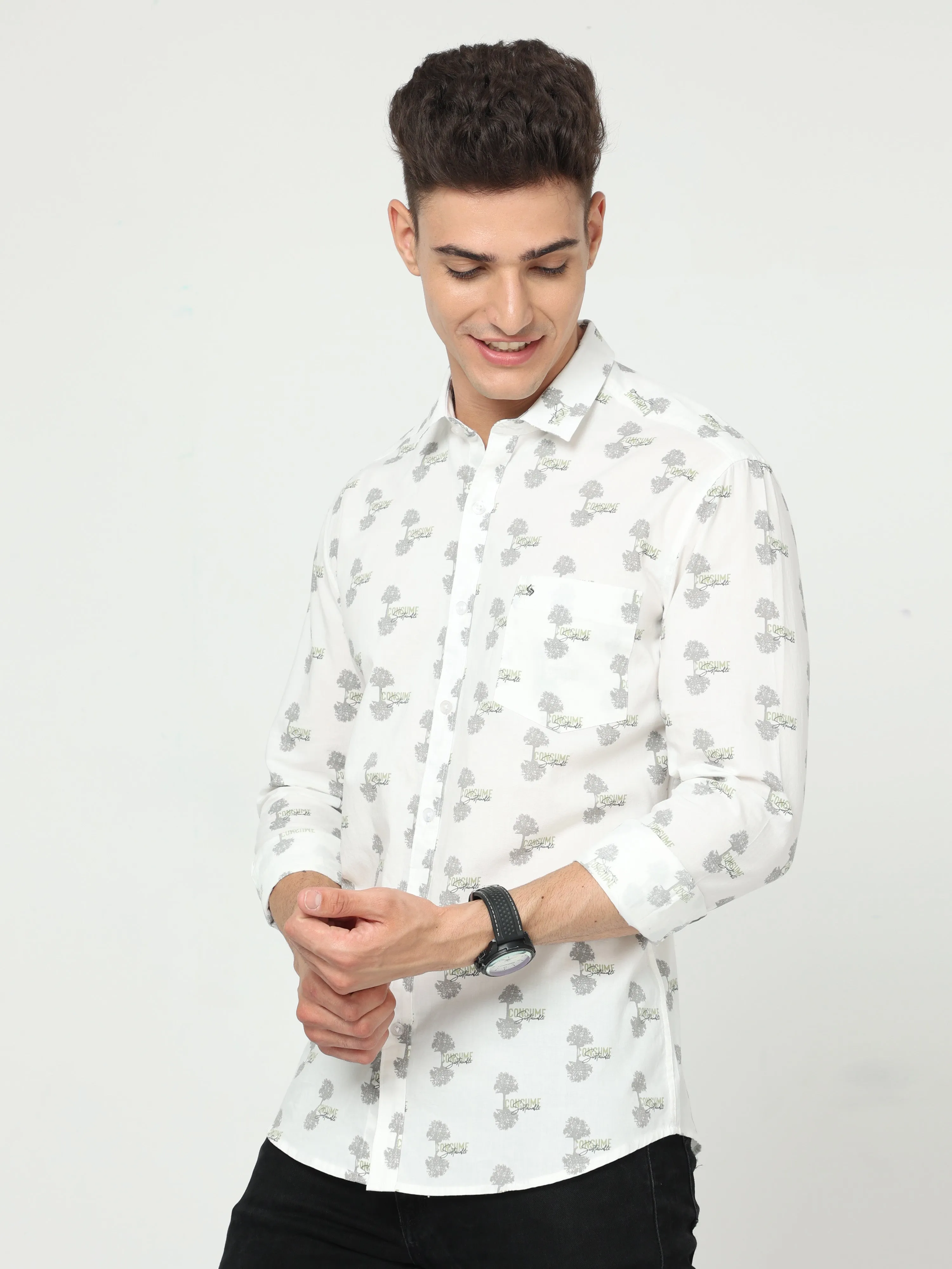 Classic Polo Men's Cotton Full Sleeve Printed Slim Fit Polo Neck White Color Woven Shirt | So1-146 A