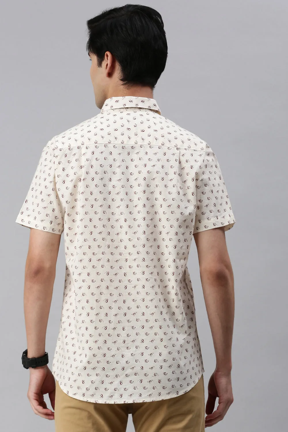 Classic Polo Men's Cotton Half Sleeve Printed Slim Fit Polo Neck Cream Color Woven Shirt | So1-14 B