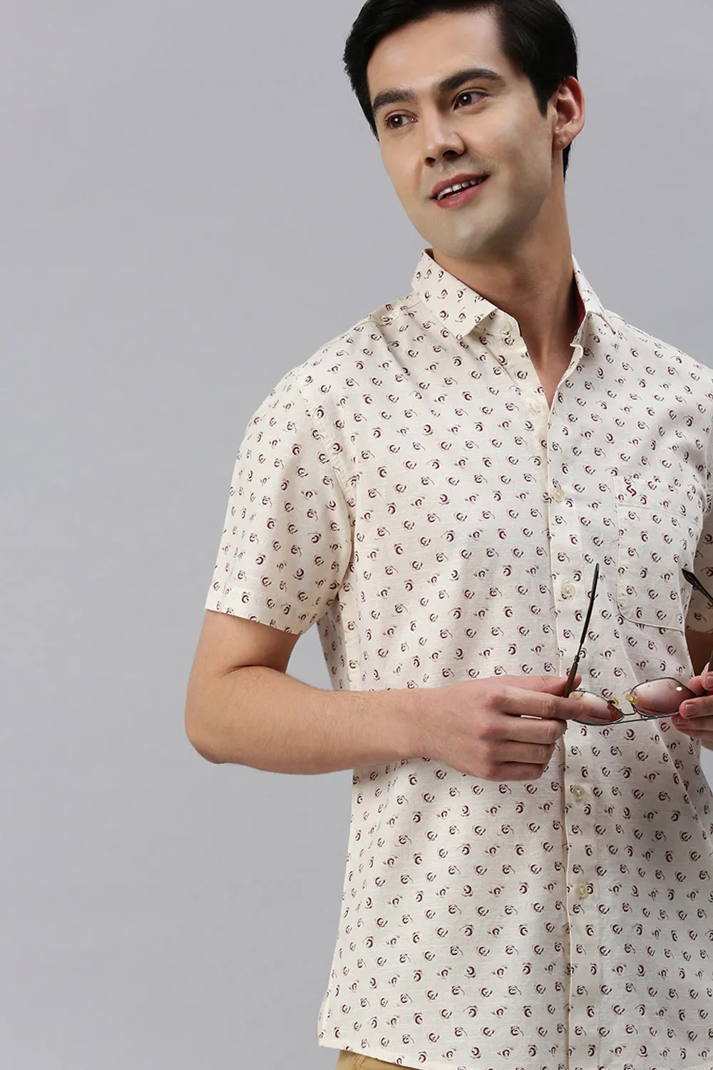 Classic Polo Men's Cotton Half Sleeve Printed Slim Fit Polo Neck Cream Color Woven Shirt | So1-14 B