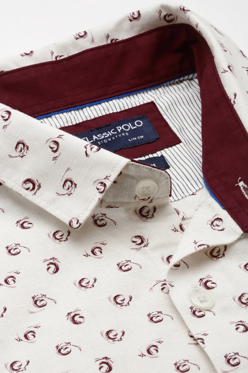 Classic Polo Men's Cotton Half Sleeve Printed Slim Fit Polo Neck Cream Color Woven Shirt | So1-14 B