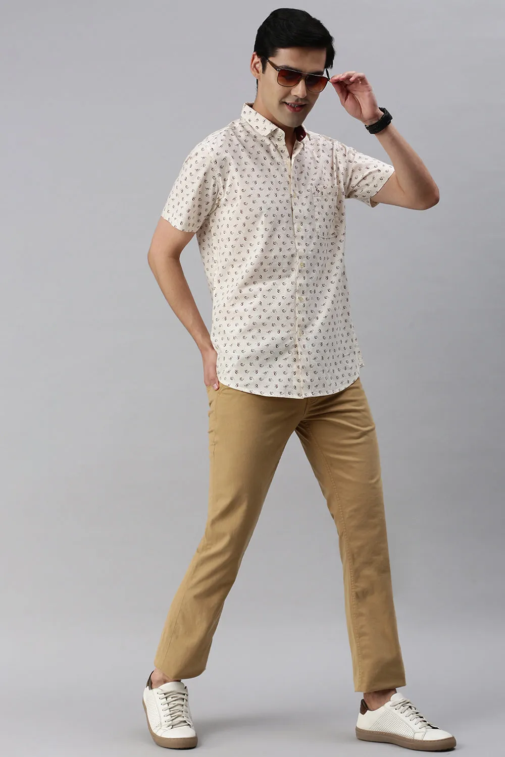 Classic Polo Men's Cotton Half Sleeve Printed Slim Fit Polo Neck Cream Color Woven Shirt | So1-14 B