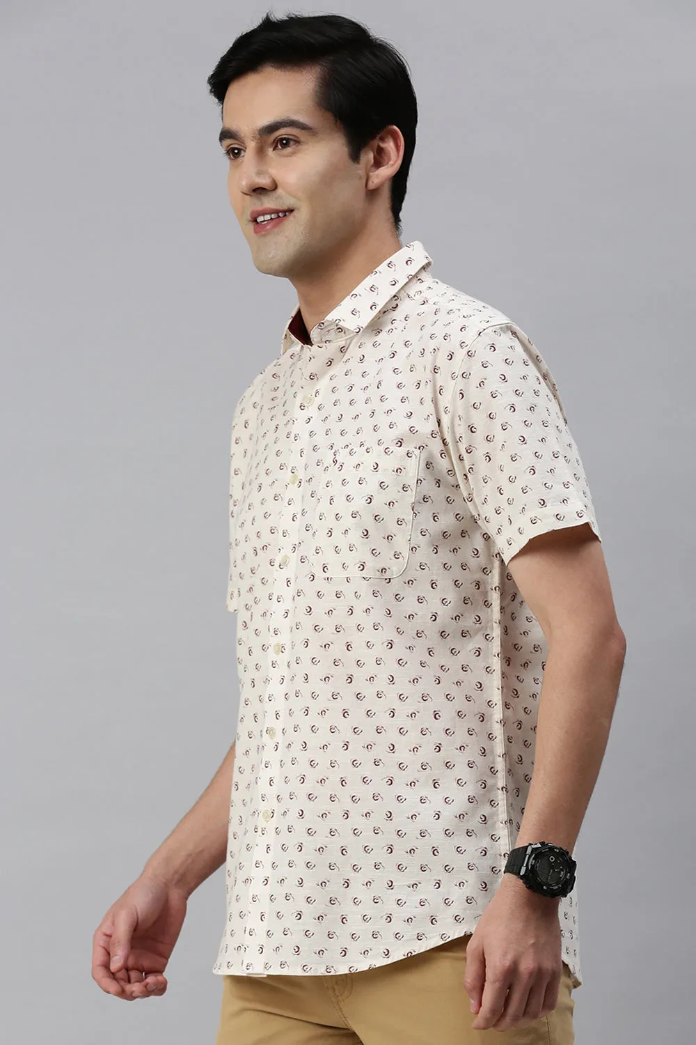 Classic Polo Men's Cotton Half Sleeve Printed Slim Fit Polo Neck Cream Color Woven Shirt | So1-14 B