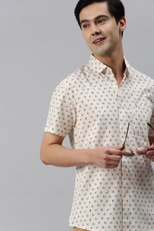 Classic Polo Men's Cotton Half Sleeve Printed Slim Fit Polo Neck Cream Color Woven Shirt | So1-14 B
