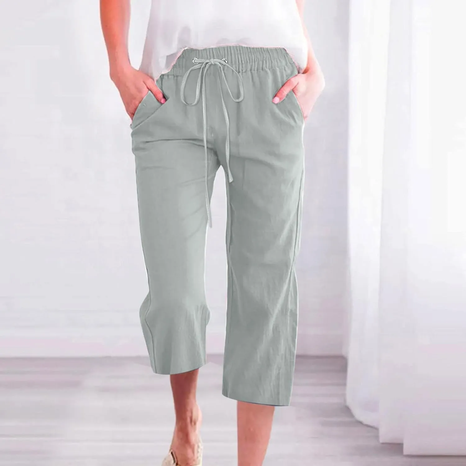 Cotton Linen Pants for Women 2025 Summer Casual Breathable Baggy Pants Drawstring Waist Beach Trousers with Pockets