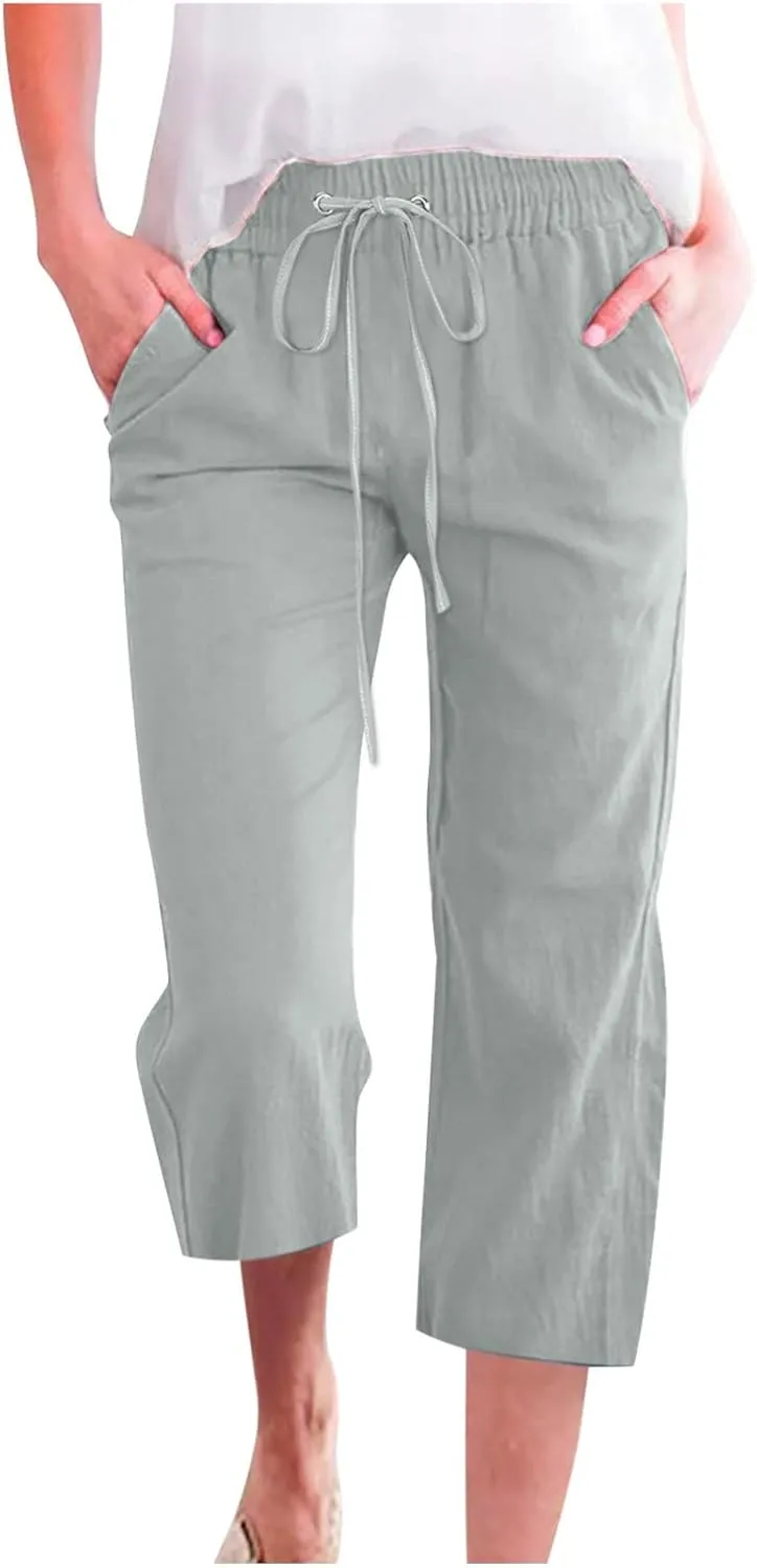 Cotton Linen Pants for Women 2025 Summer Casual Breathable Baggy Pants Drawstring Waist Beach Trousers with Pockets