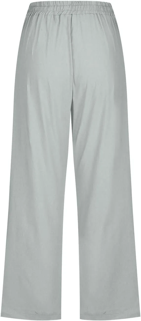 Cotton Linen Pants for Women 2025 Summer Casual Breathable Baggy Pants Drawstring Waist Beach Trousers with Pockets