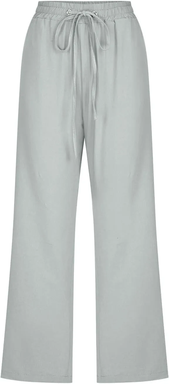 Cotton Linen Pants for Women 2025 Summer Casual Breathable Baggy Pants Drawstring Waist Beach Trousers with Pockets