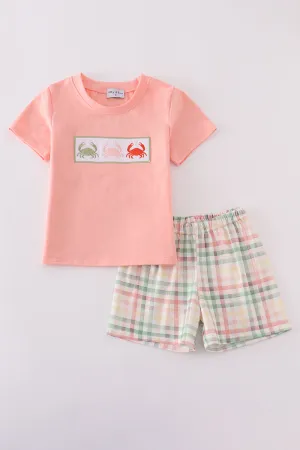 Crab embroidery plaid shorts set