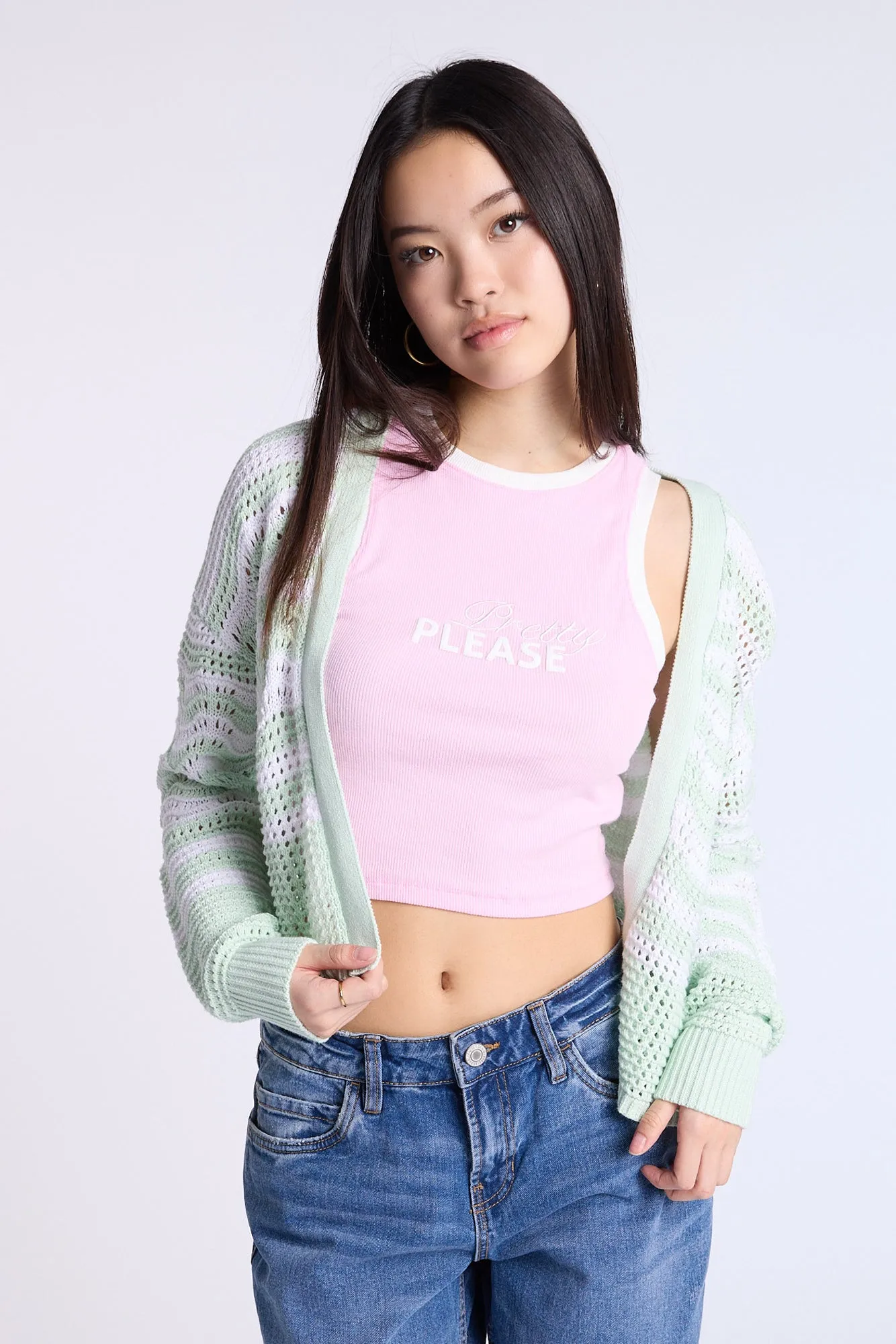 Crochet-Style Open-Front Cardigan