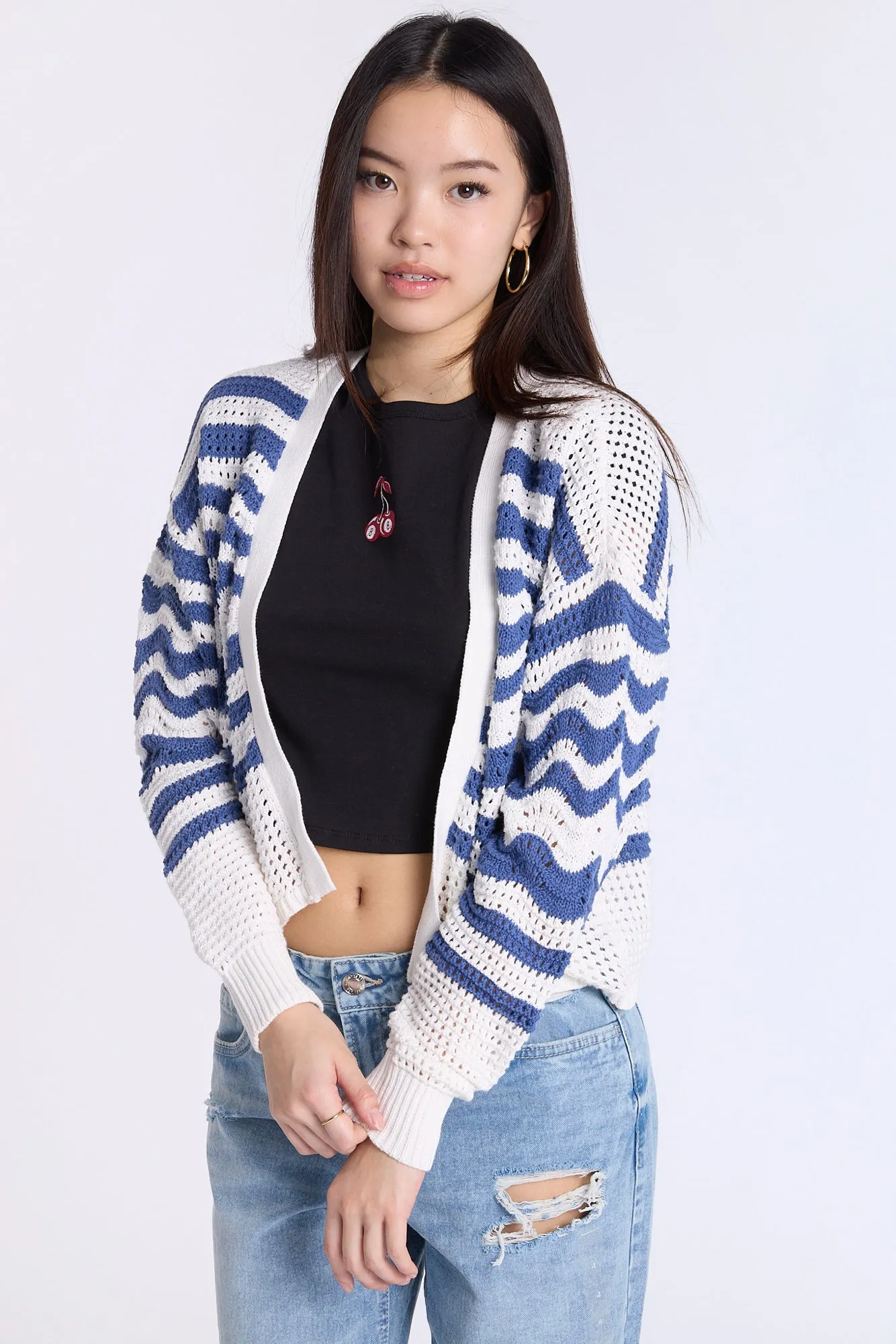 Crochet-Style Open-Front Cardigan