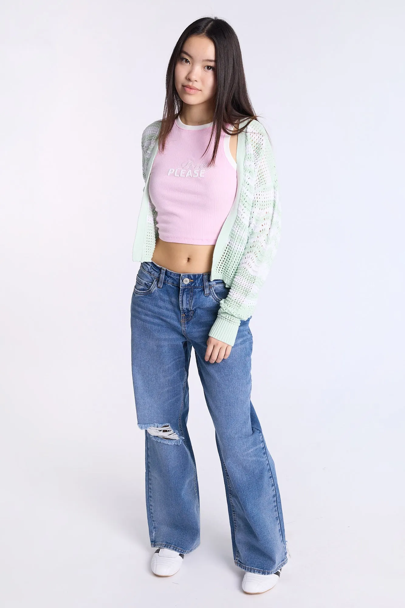 Crochet-Style Open-Front Cardigan