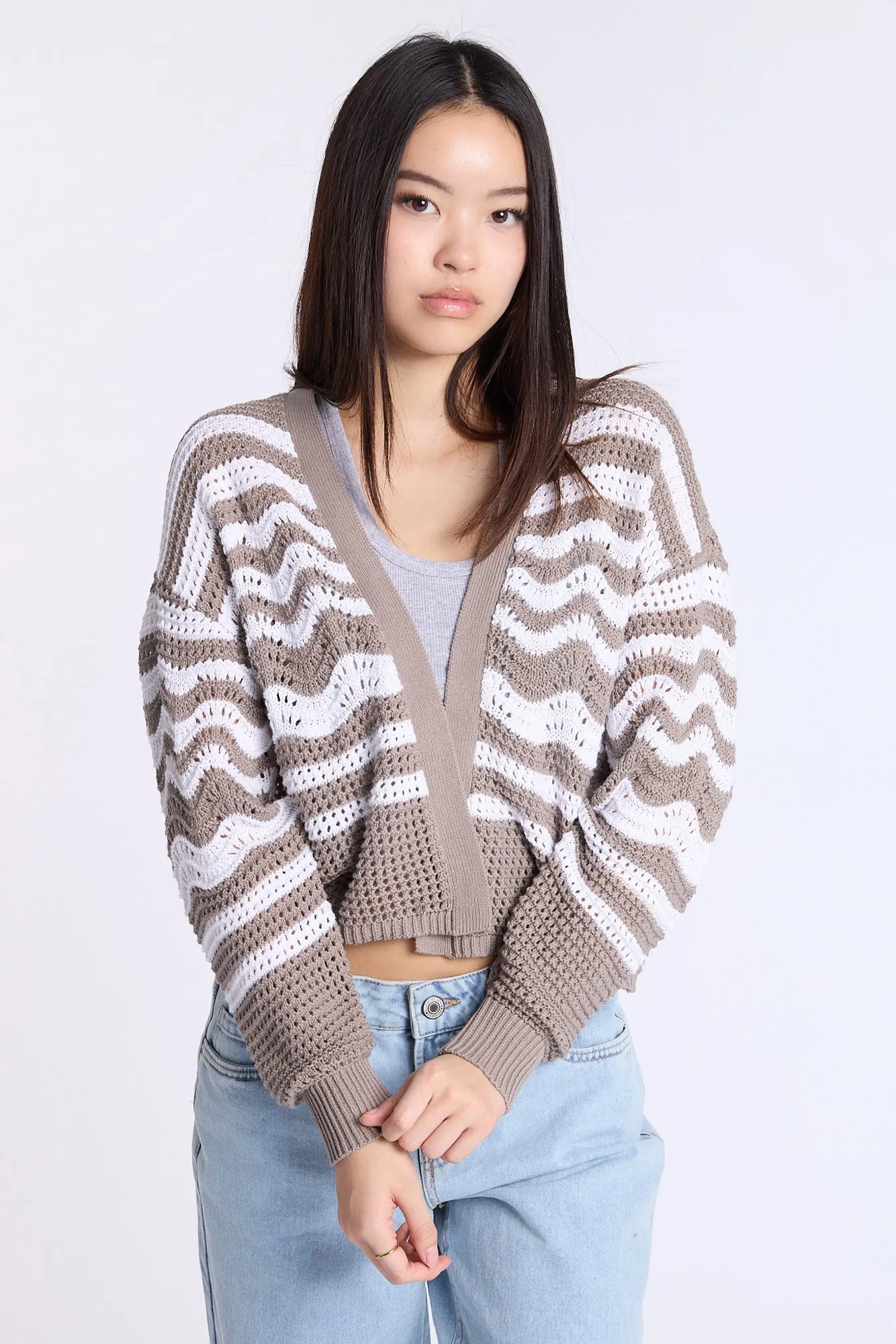 Crochet-Style Open-Front Cardigan