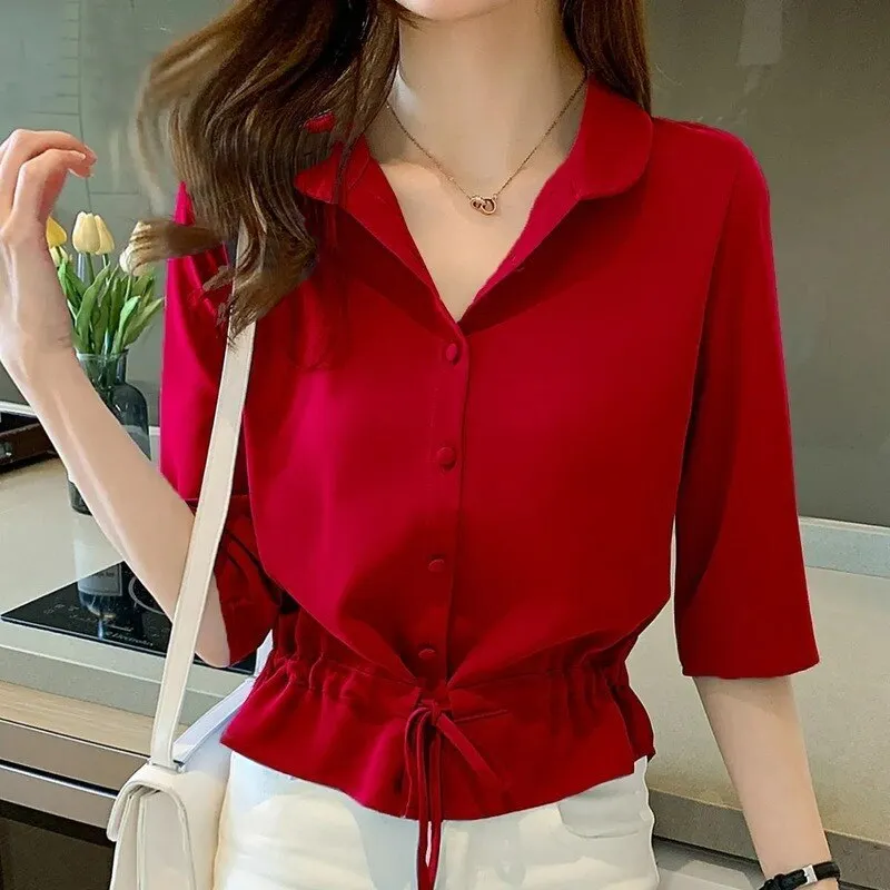 deanwangkt Solid Turn-down Collar Half Sleeve Chiffon Shirt Fashion Casual Shirring Single-breasted Blouses Female 1109-0