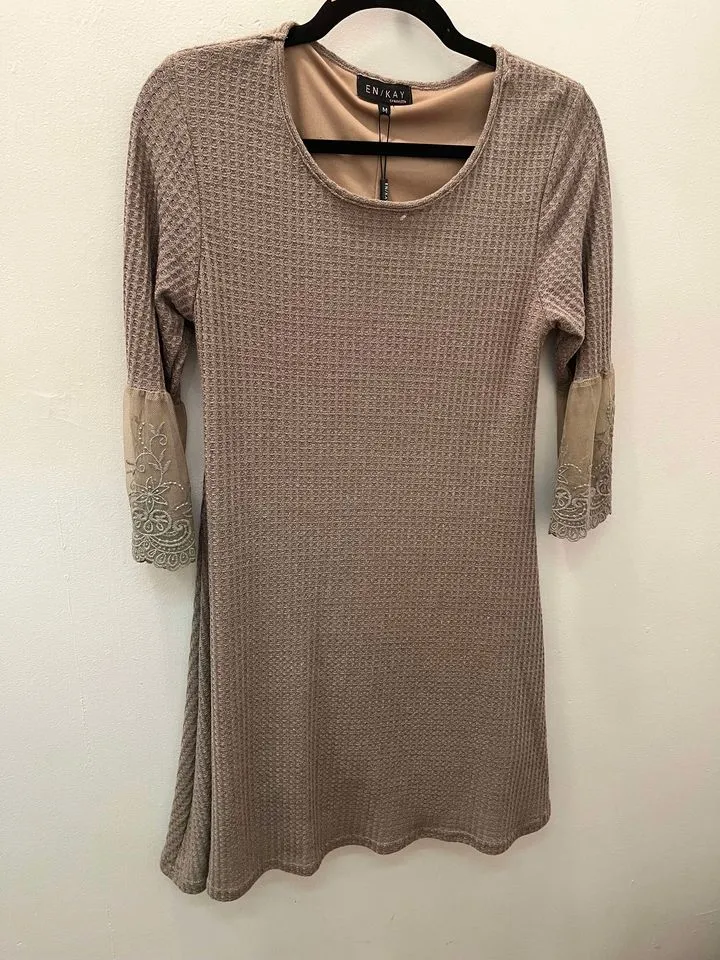 Dress - En/Kay Taupe with frilled mesh 3/4 sleeves