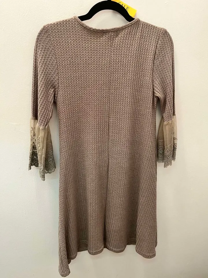 Dress - En/Kay Taupe with frilled mesh 3/4 sleeves