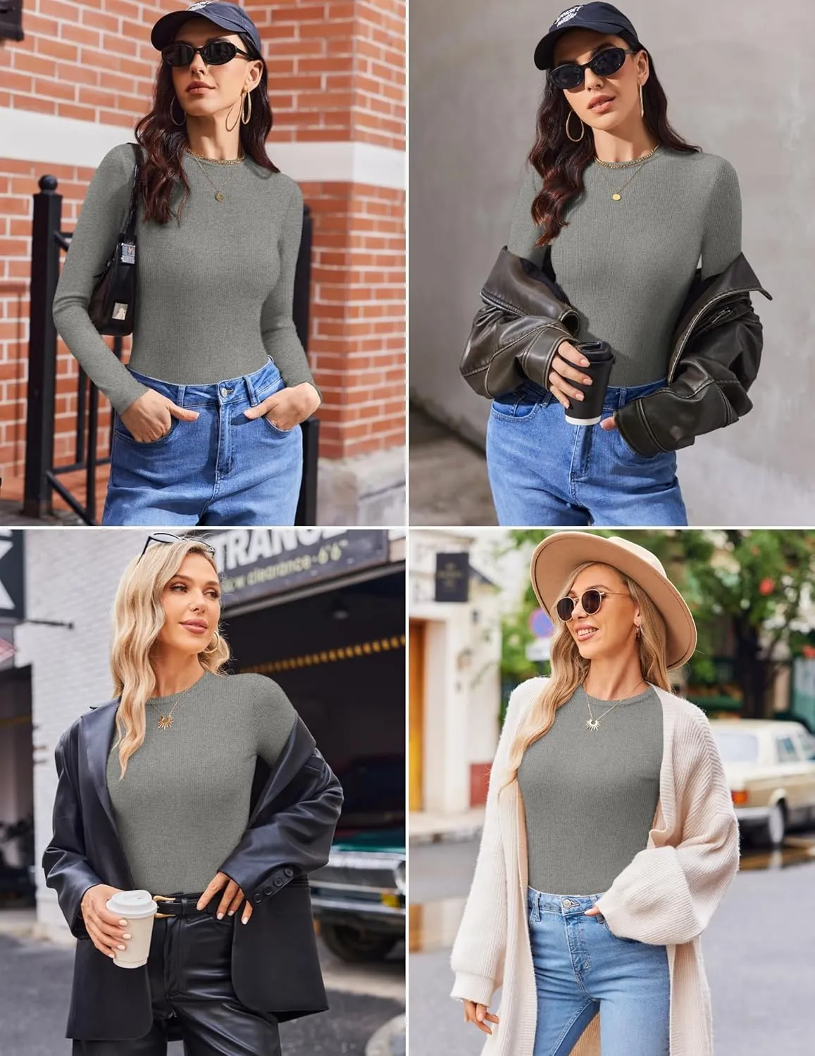Ekouaer Women's Long Sleeve Shirts 3 Packs Crew Neck Stretchy Fitted Tops Ribbed Base Layer Soft Thermal Undershirts Tee