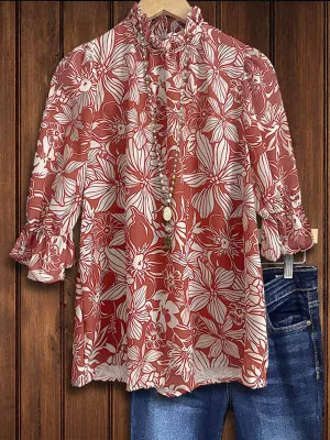 Elegant Floral Print Gathered Blouse