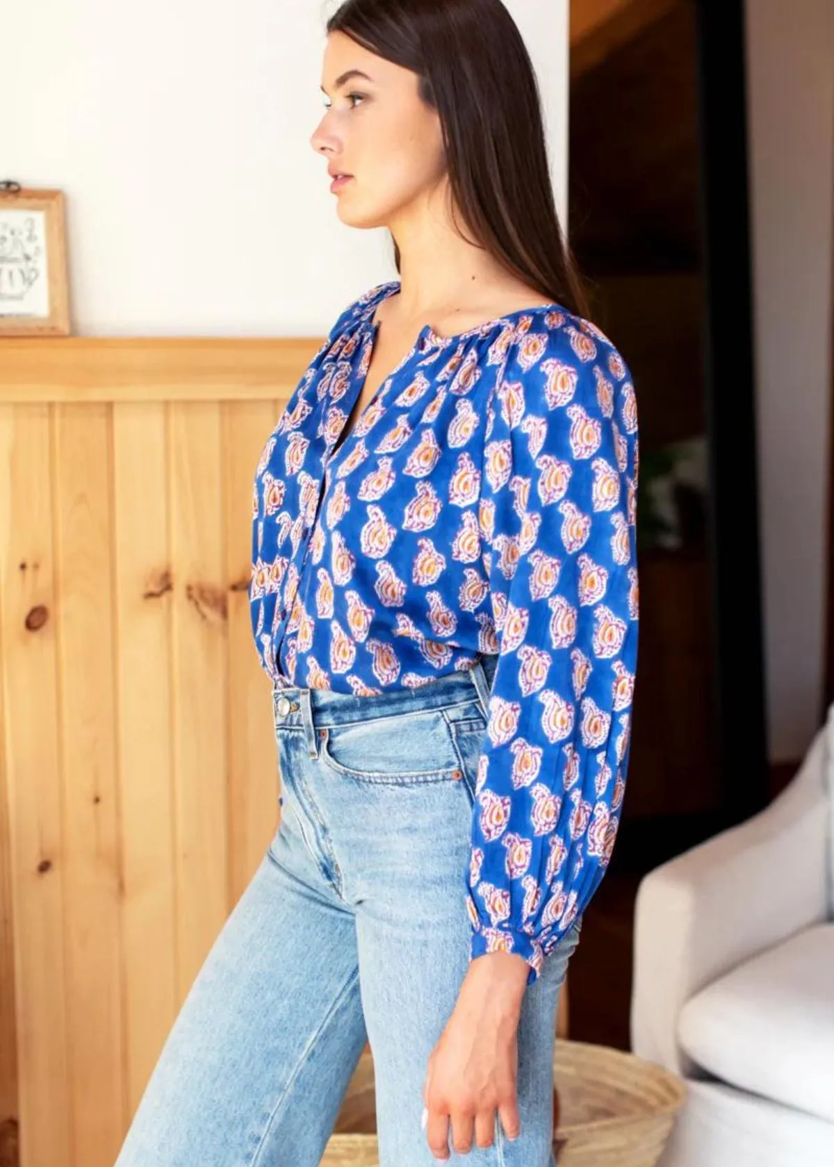 EMERSON FRY Frances Top - Blue Paisley Flower Satin