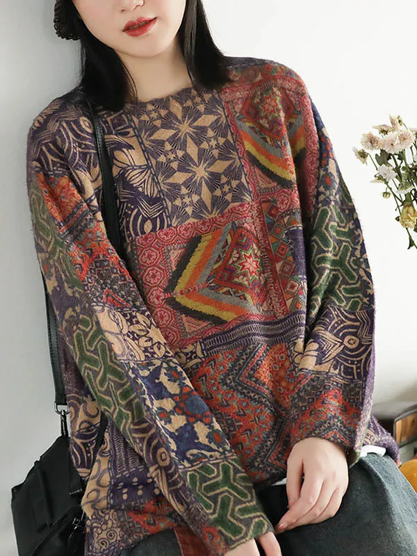 Ethnic Style Round Neck Print Sweater