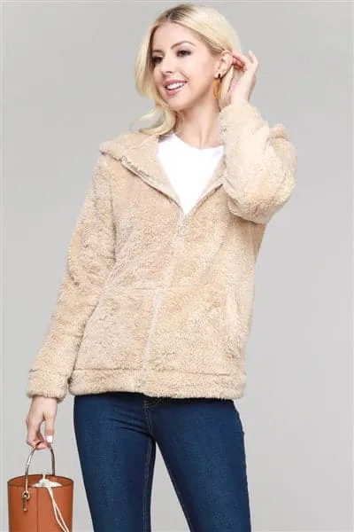 Faux Fur Teddy Bear Zip Up Hoodie Jacket Taupe - Pack of 6