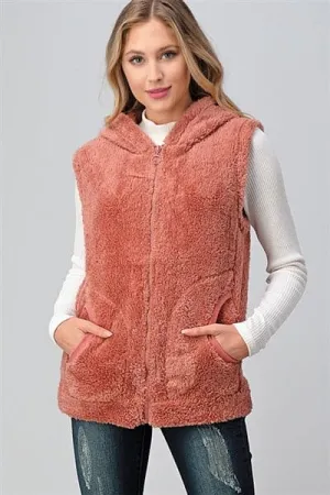 Faux Fur Teddy Bear Zip Up Hoodie Vest Mauve - Pack of 6