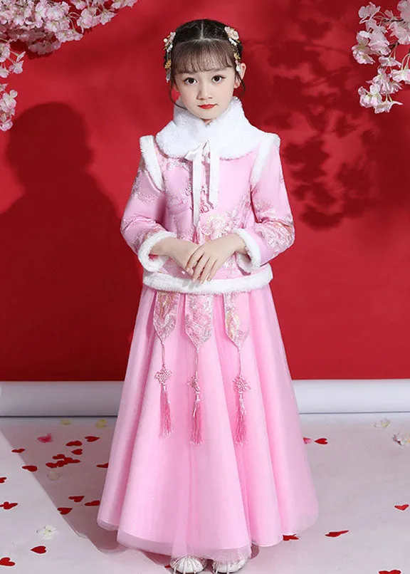 Fine Champagne Peter Pan Collar Warm Fleece Tassel Kids Coats And Tulle Skirts Two Pieces Set Long Sleeve ML0171