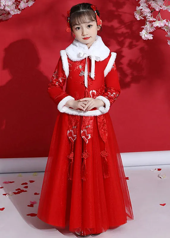 Fine Champagne Peter Pan Collar Warm Fleece Tassel Kids Coats And Tulle Skirts Two Pieces Set Long Sleeve ML0171