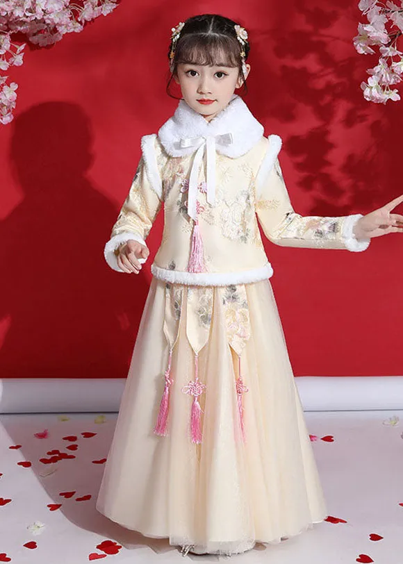 Fine Champagne Peter Pan Collar Warm Fleece Tassel Kids Coats And Tulle Skirts Two Pieces Set Long Sleeve ML0171