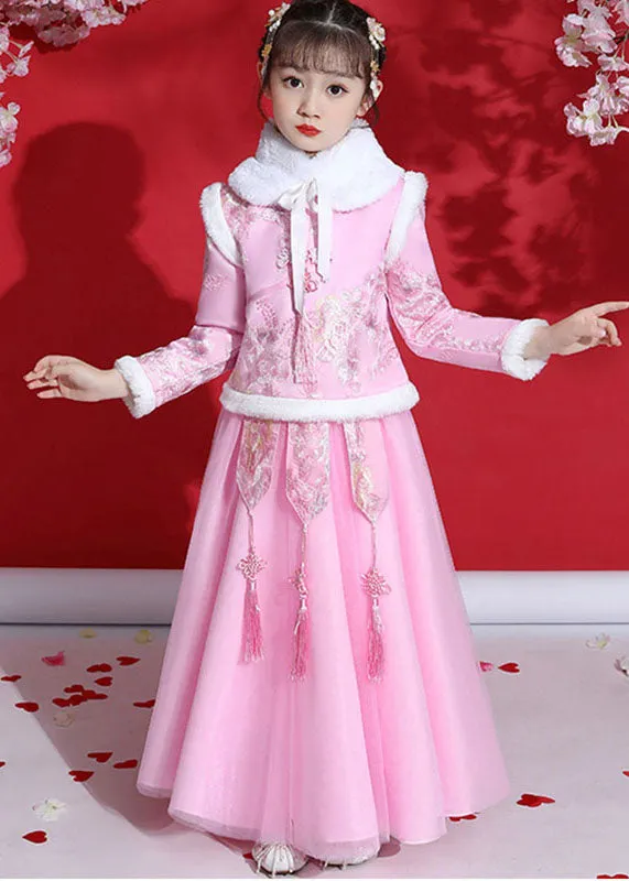 Fine Champagne Peter Pan Collar Warm Fleece Tassel Kids Coats And Tulle Skirts Two Pieces Set Long Sleeve ML0171