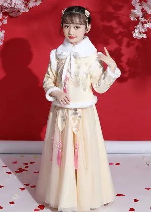 Fine Champagne Peter Pan Collar Warm Fleece Tassel Kids Coats And Tulle Skirts Two Pieces Set Long Sleeve ML0171
