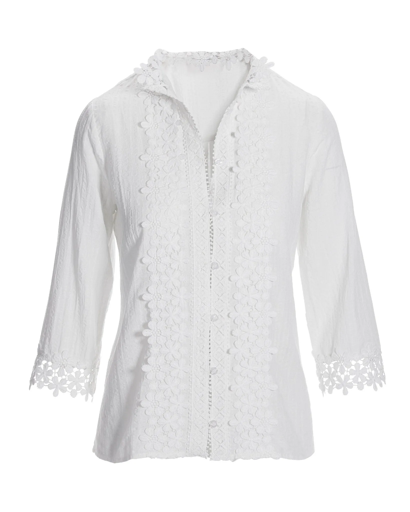 Floral Lace Button Up Cotton Shirt Off White