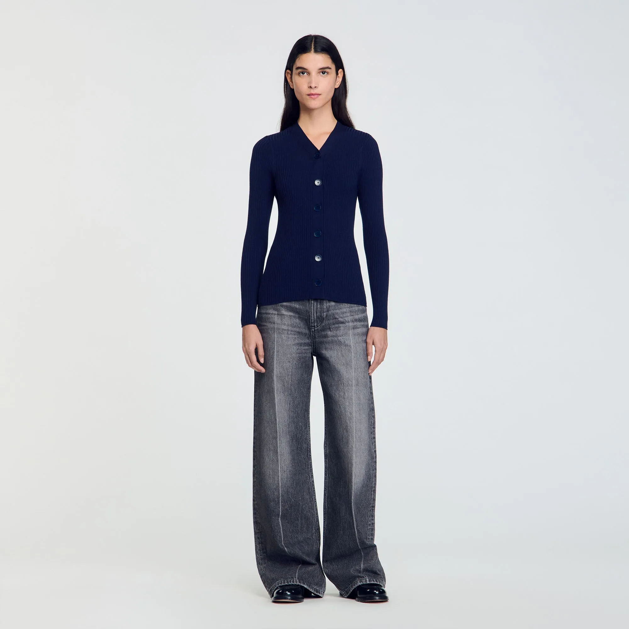 Gabrielle Rib Knit Cardigan Navy Blue