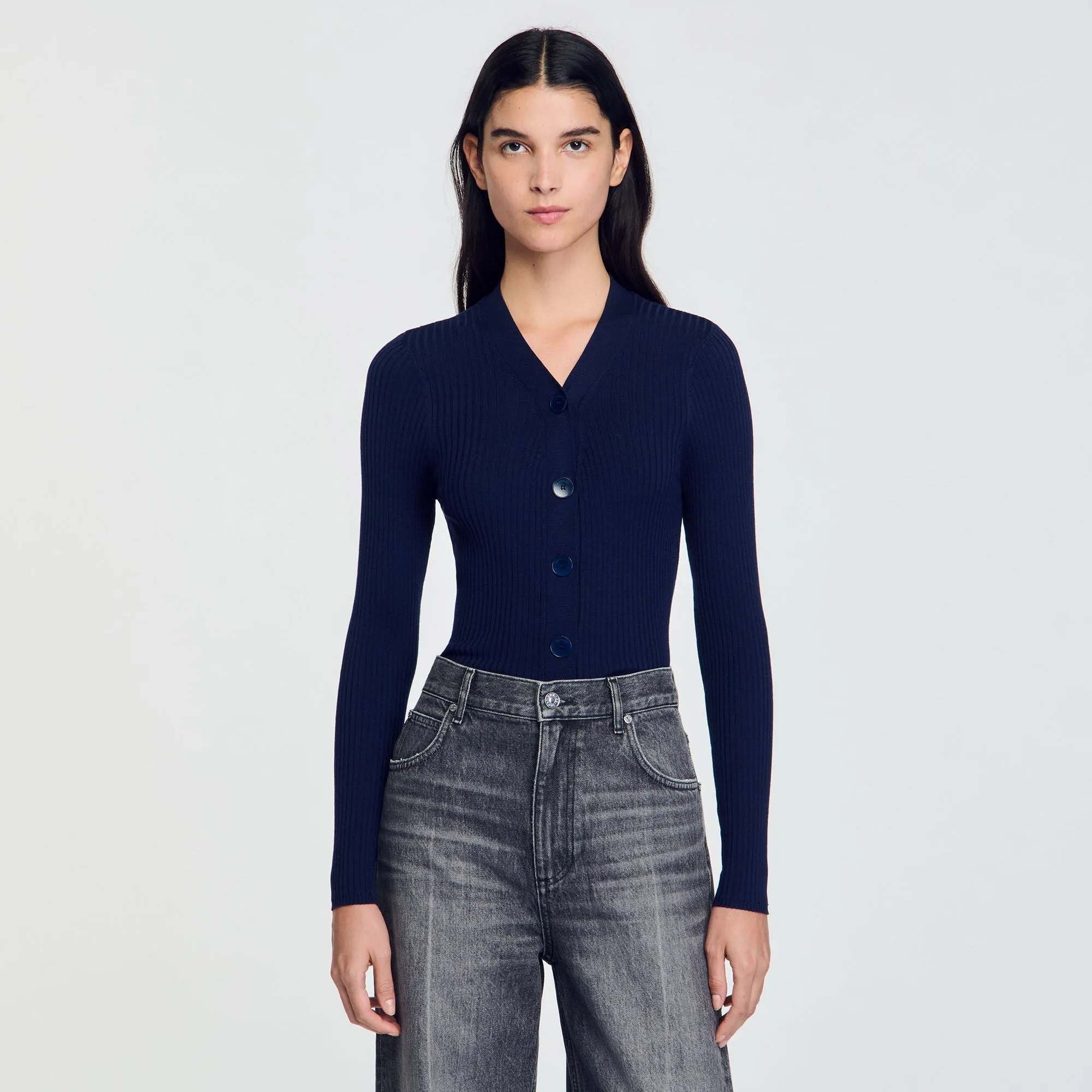 Gabrielle Rib Knit Cardigan Navy Blue