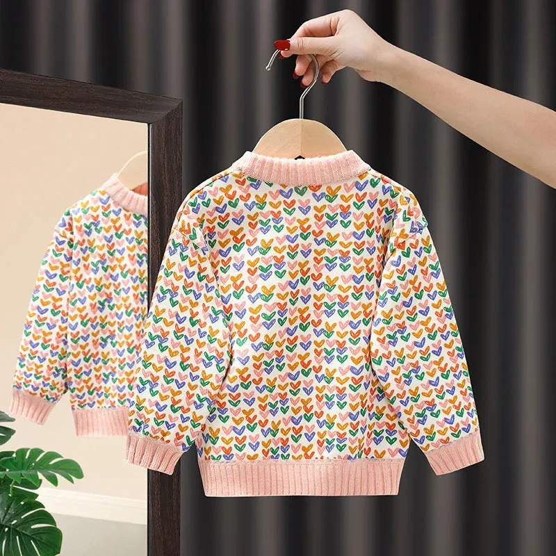 Girls Multicolored Heart Printed Sweater