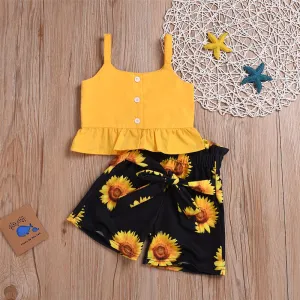 Girls Solid Color Tank & Sunflower Printed Shorts Wholesale Girl Clothing