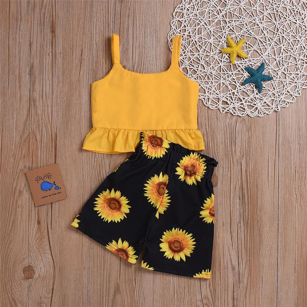Girls Solid Color Tank & Sunflower Printed Shorts Wholesale Girl Clothing