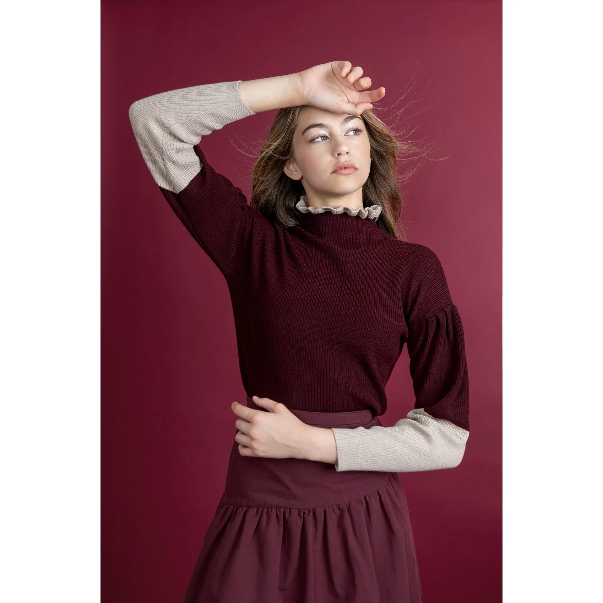 HEV Black Burgundy Contrast Sleeve Ruffle Neck Knit
