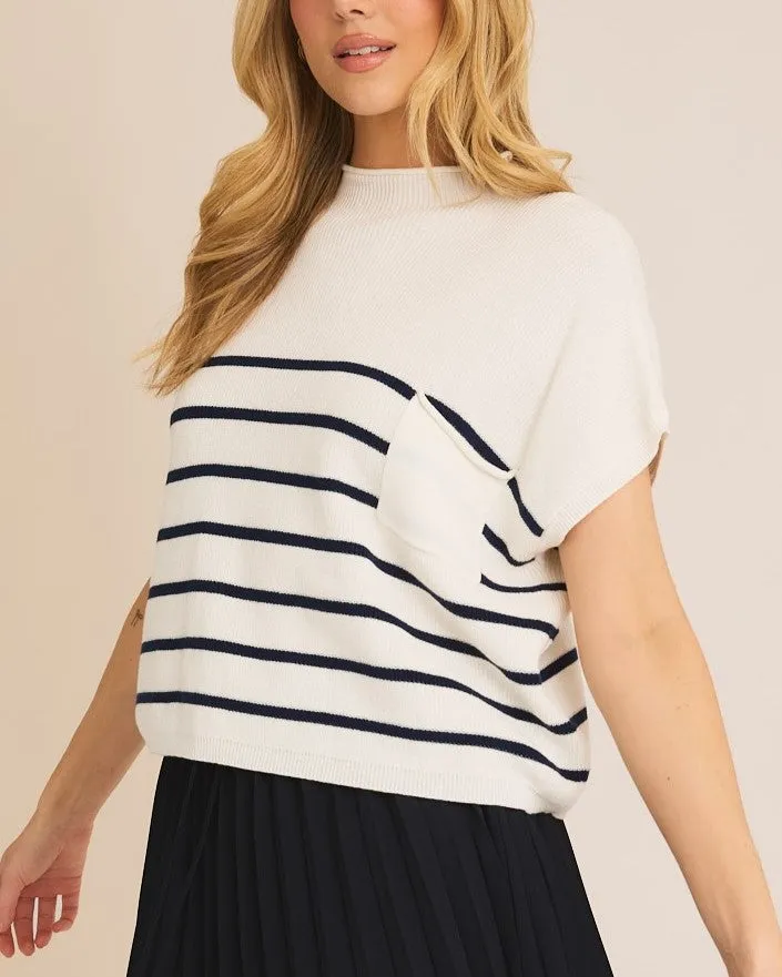 High Neck Stripe Sweater Top - White/Navy Stripe
